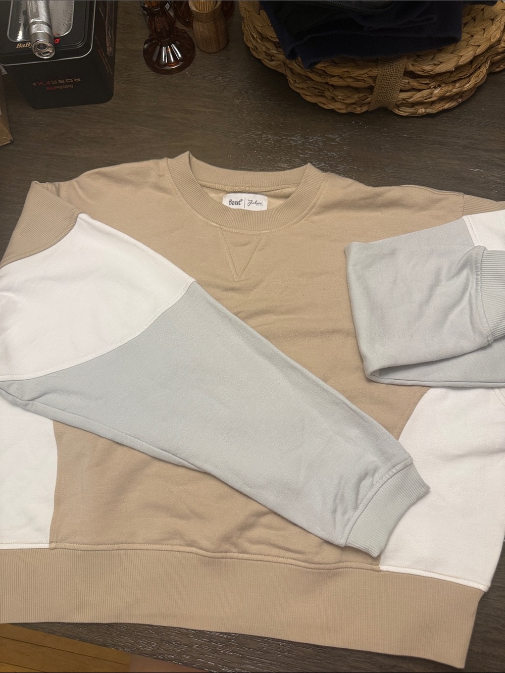 feat. Colorblock Teddy Jacket in Beige, Light Gray & White